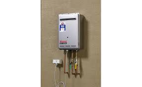 Wall-mounted instant gas hot water unit with exposed plumbing in a Caboolture residence