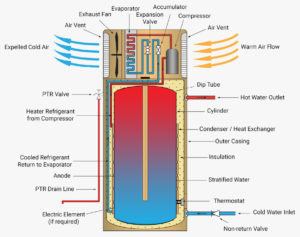 Cutaway illustration of a heat pump hot water system displaying components and flow, perfect for Caboolture homes.
