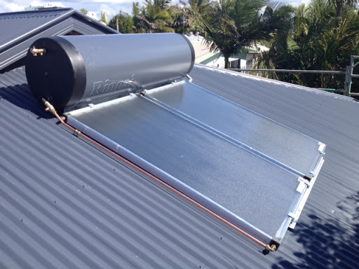 Solar hot water system fitted to a corrugated roof in Caboolture