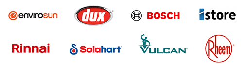 Logos of well-known hot water system brands available on Caboolture