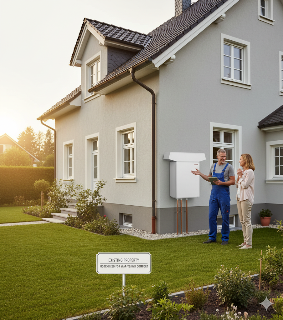 Technician describing an outdoor hot water system installation at a Caboolture residence.