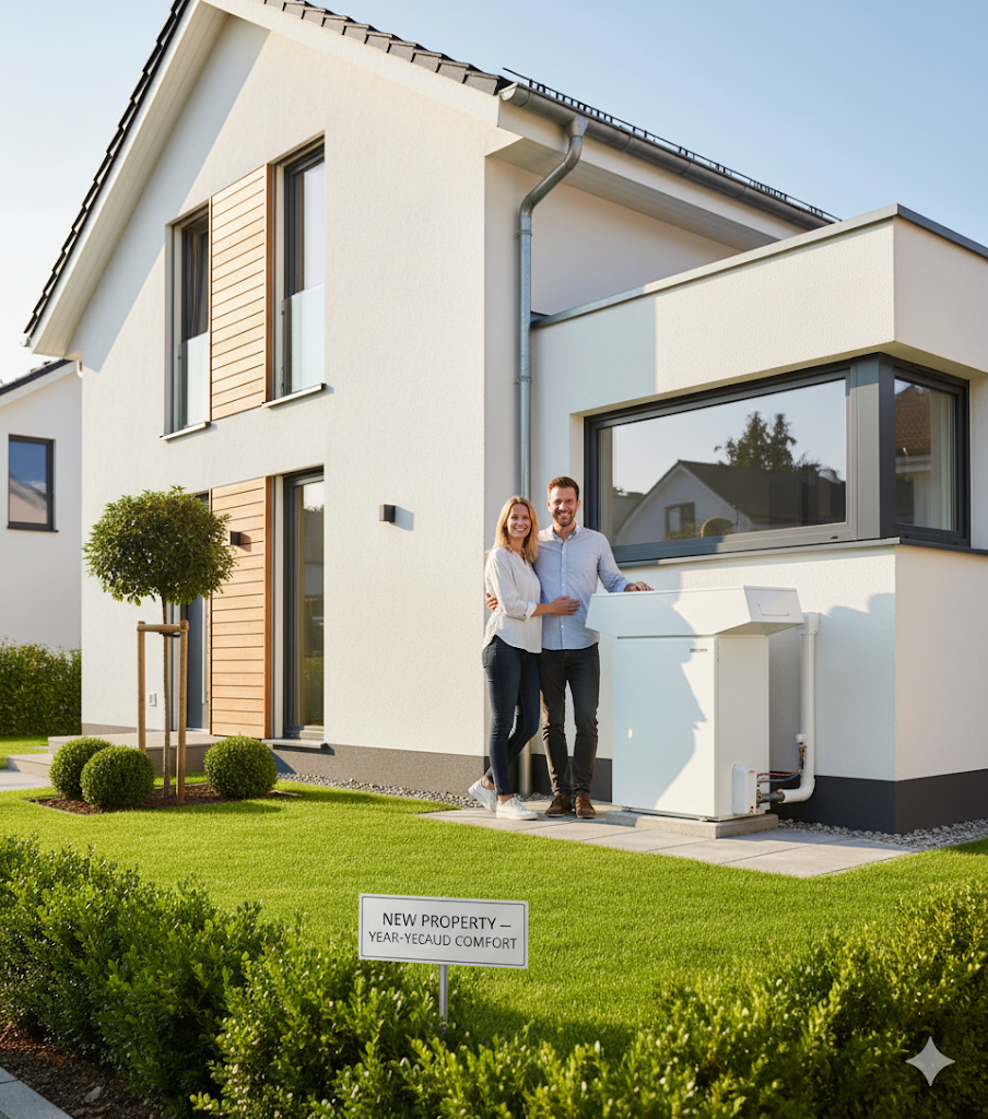 Couple standing next to an outdoor hot water system at a new Caboolture home